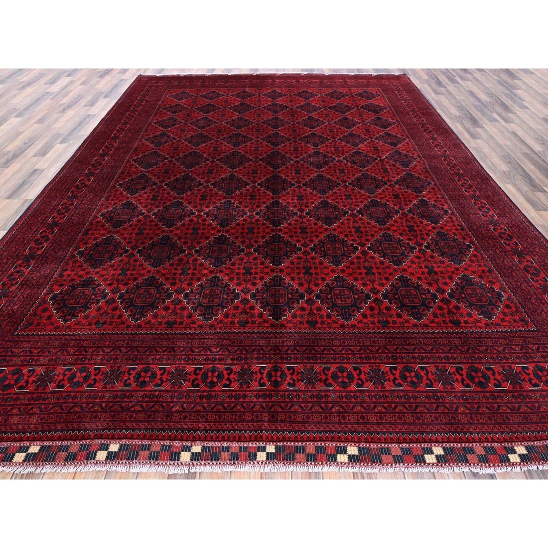 Red Afghan Khamyab with Geometric Pattern Hand Knotted Soft Wool Rug - 2