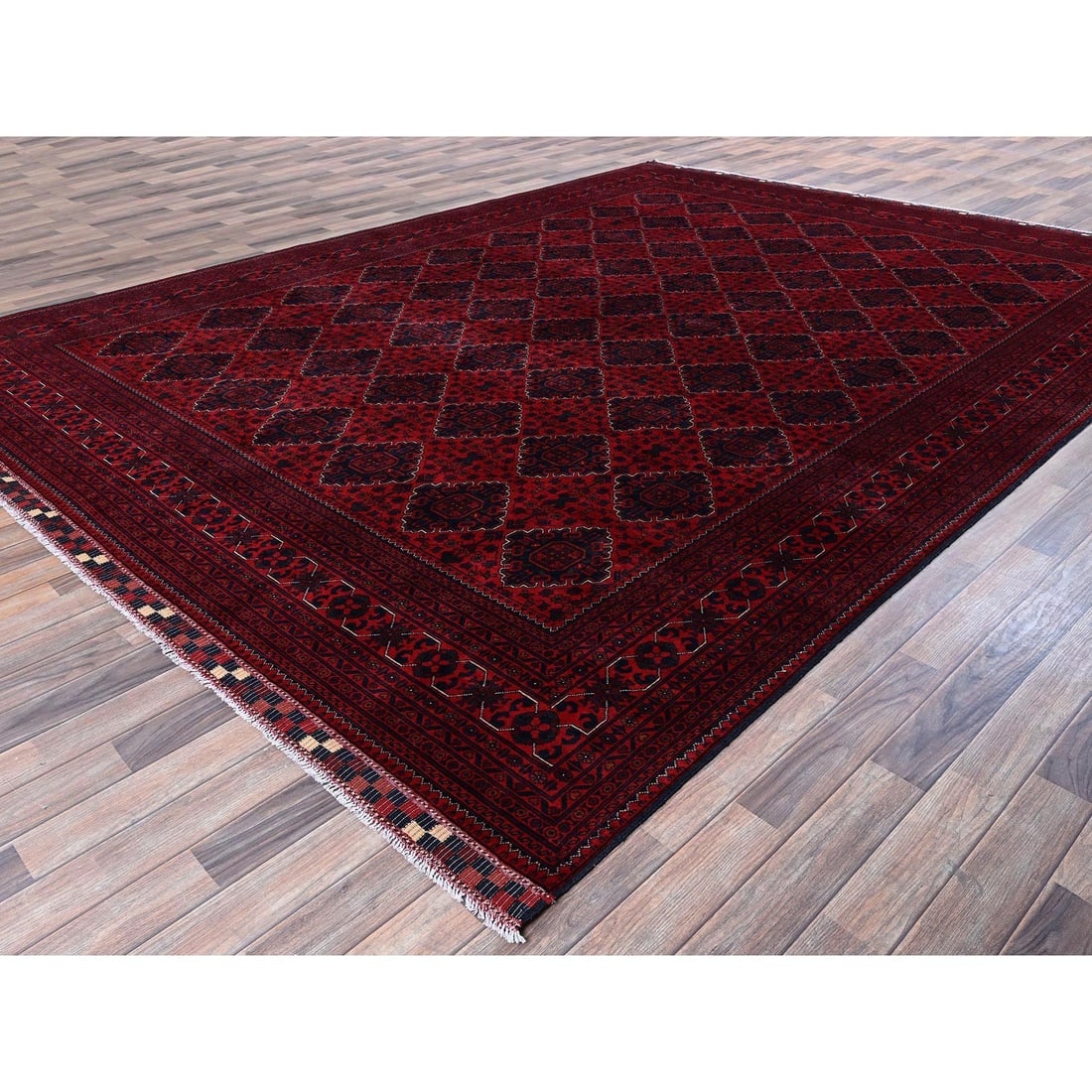 Red Afghan Khamyab with Geometric Pattern Hand Knotted Soft Wool Rug - 3