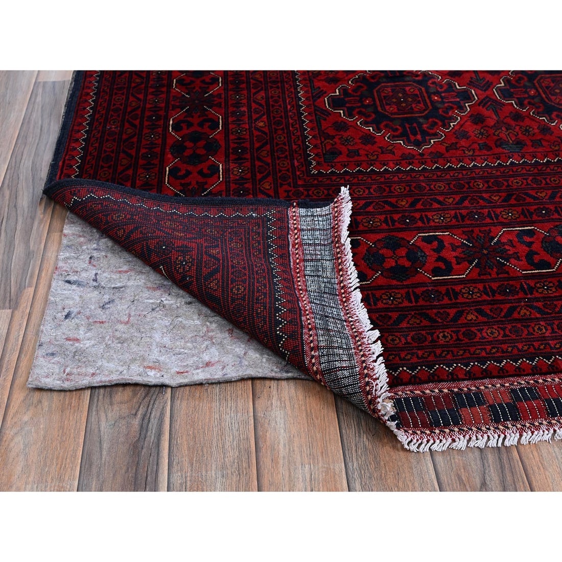 Red Afghan Khamyab with Geometric Pattern Hand Knotted Soft Wool Rug - 4