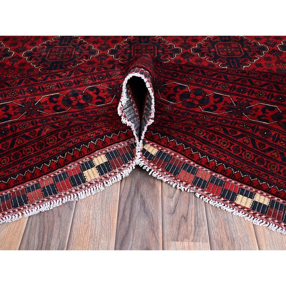 Red Afghan Khamyab with Geometric Pattern Hand Knotted Soft Wool Rug - 5