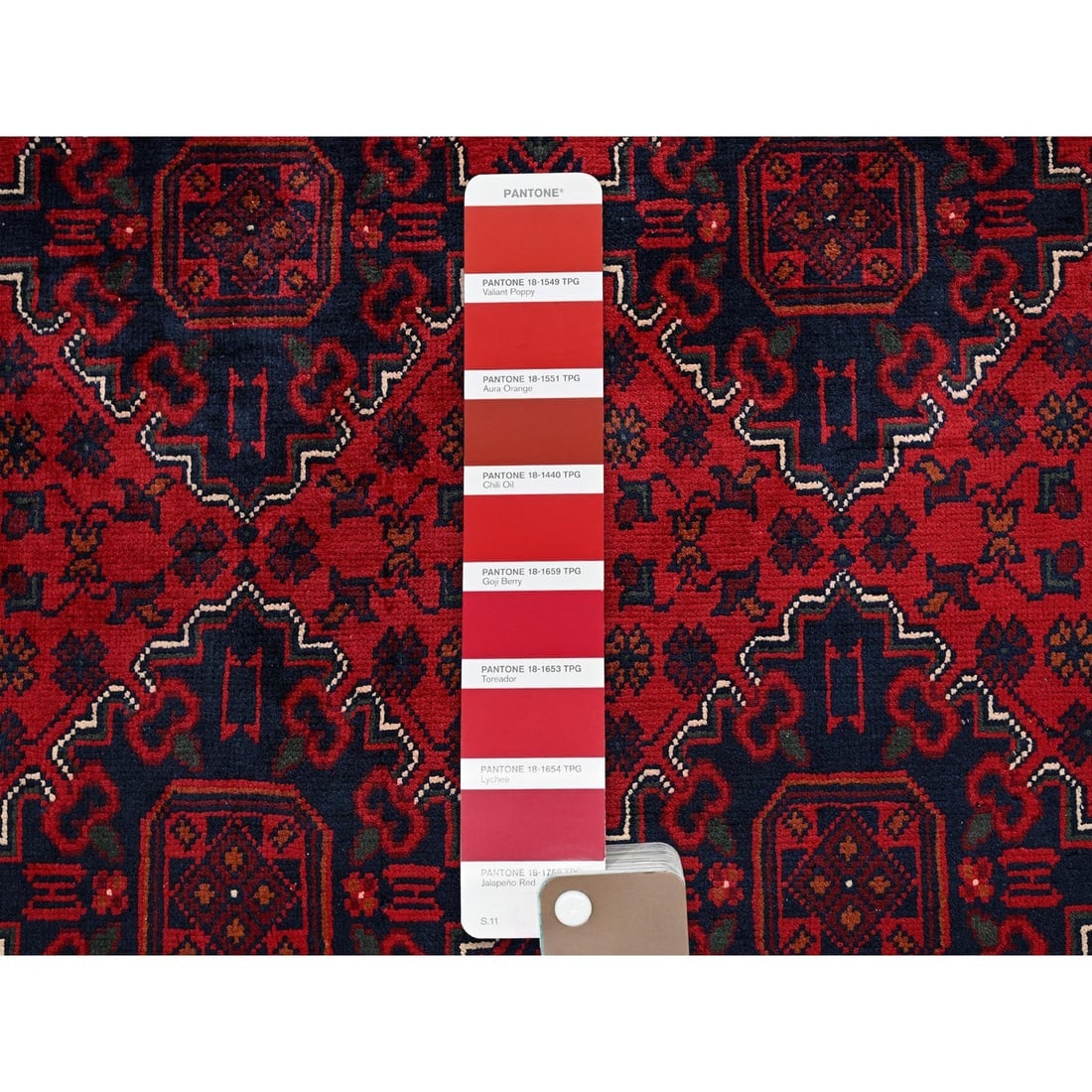 Red Afghan Khamyab with Geometric Pattern Hand Knotted Soft Wool Rug - 7