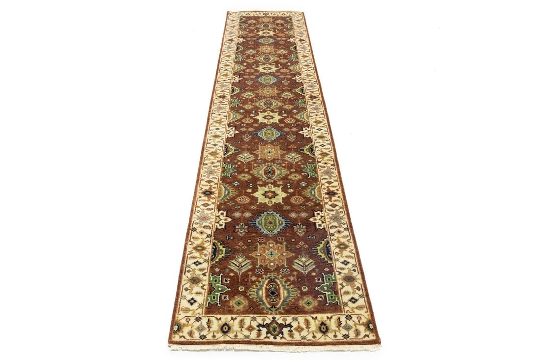 Rust and Cream Tribal Geometric 3X12 Indo-Karajeh Oriental Runner Rug - 4