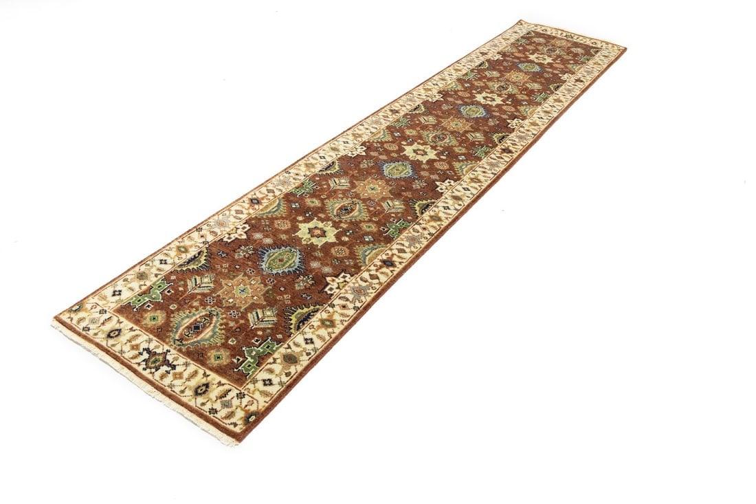 Rust and Cream Tribal Geometric 3X12 Indo-Karajeh Oriental Runner Rug - 5