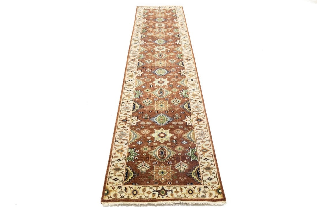 Rust and Cream Tribal Geometric 3X12 Indo-Karajeh Oriental Runner Rug - 6