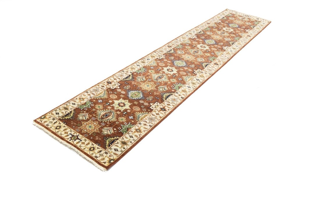 Rust and Cream Tribal Geometric 3X12 Indo-Karajeh Oriental Runner Rug - 7