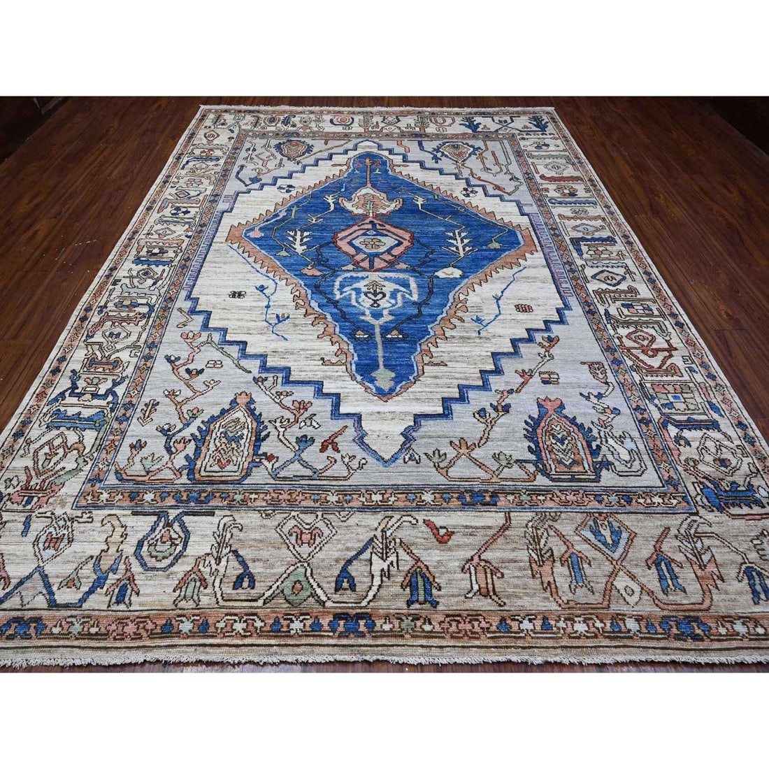 Chrome Gray Turkish Village Motifs Hand Knotted Wool Oriental Rug - 2