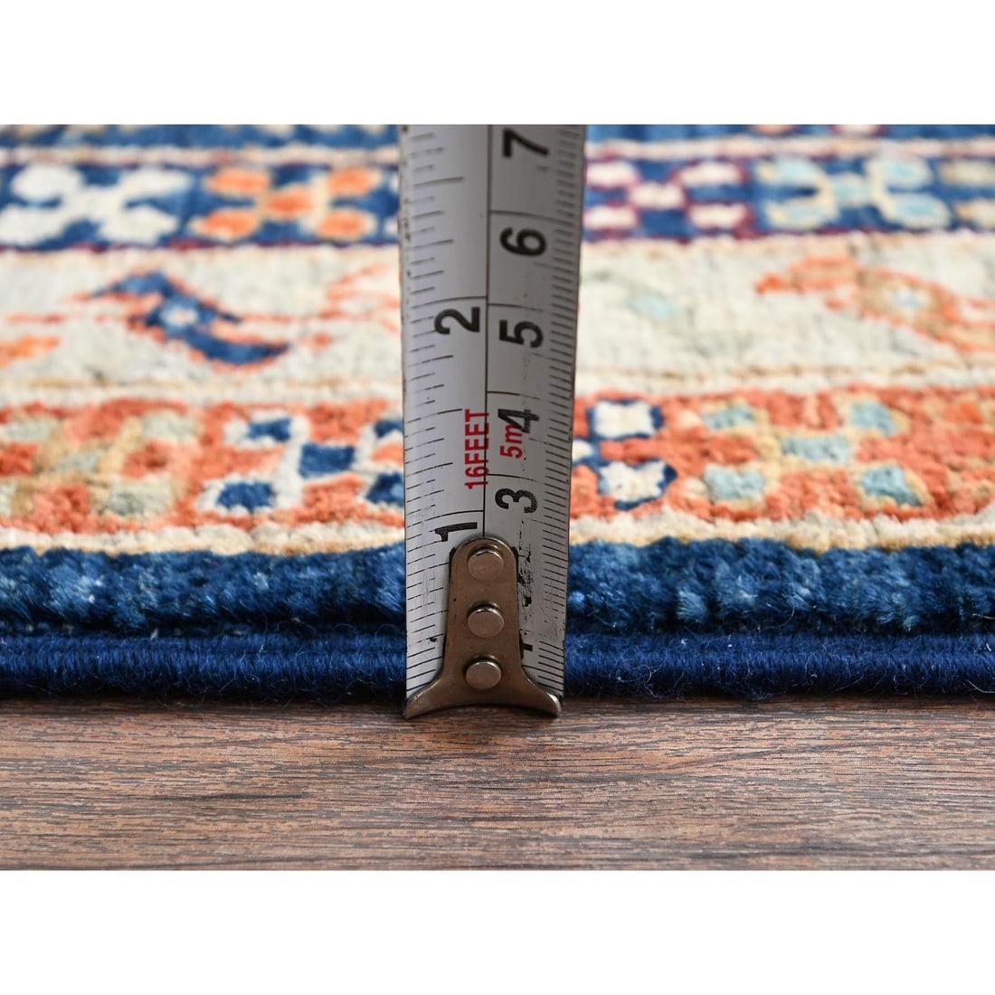 Navy Armenian Inspired Caucasian Design Hand Knotted Wool Runner Rug - 6