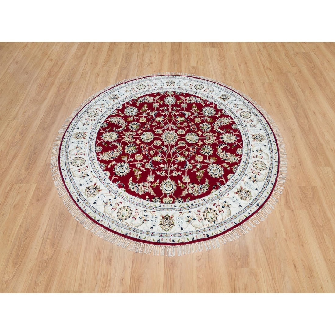 Red, 250 KPSI, Organic Wool, Hand Knotted, Nain Design Round Rug - 2