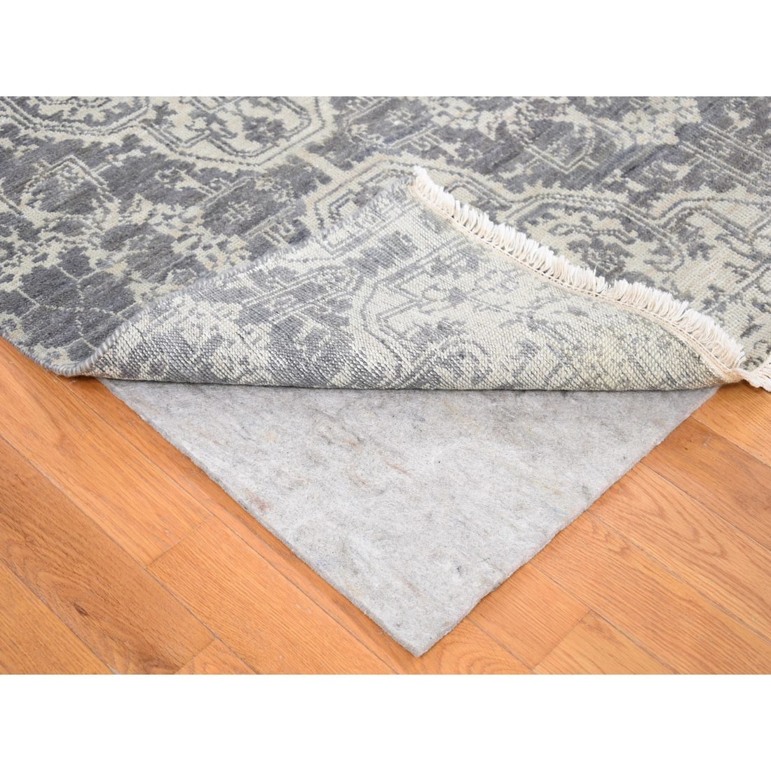 Ivory Hand Knotted Wool and Silk Geometric Mughal Design Oriental Rug - 5