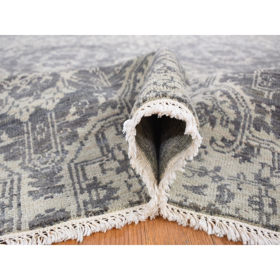 Ivory Hand Knotted Wool and Silk Geometric Mughal Design Oriental Rug - 6