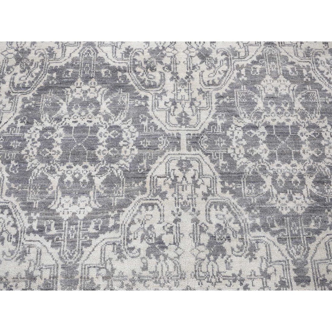 Ivory Hand Knotted Wool and Silk Geometric Mughal Design Oriental Rug - 9
