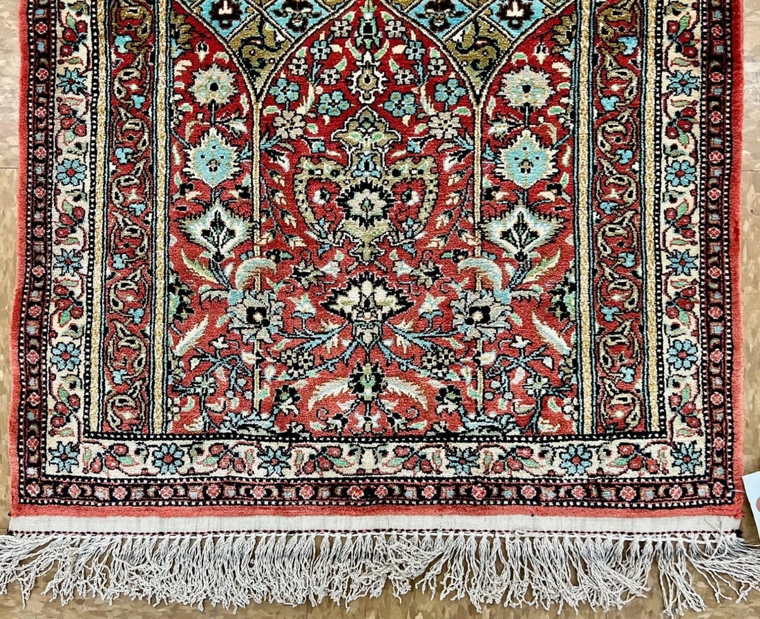 Hand-Knotted Persian Qum 100% Silk Semi-Antique Islamic Prayer Oriental Rug 2'2"x2'10" - 2