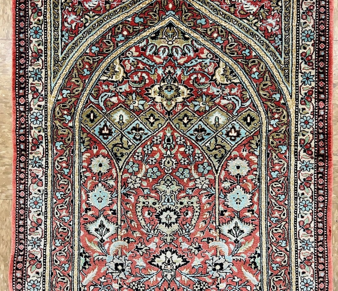 Hand-Knotted Persian Qum 100% Silk Semi-Antique Islamic Prayer Oriental Rug 2'2"x2'10" - 3