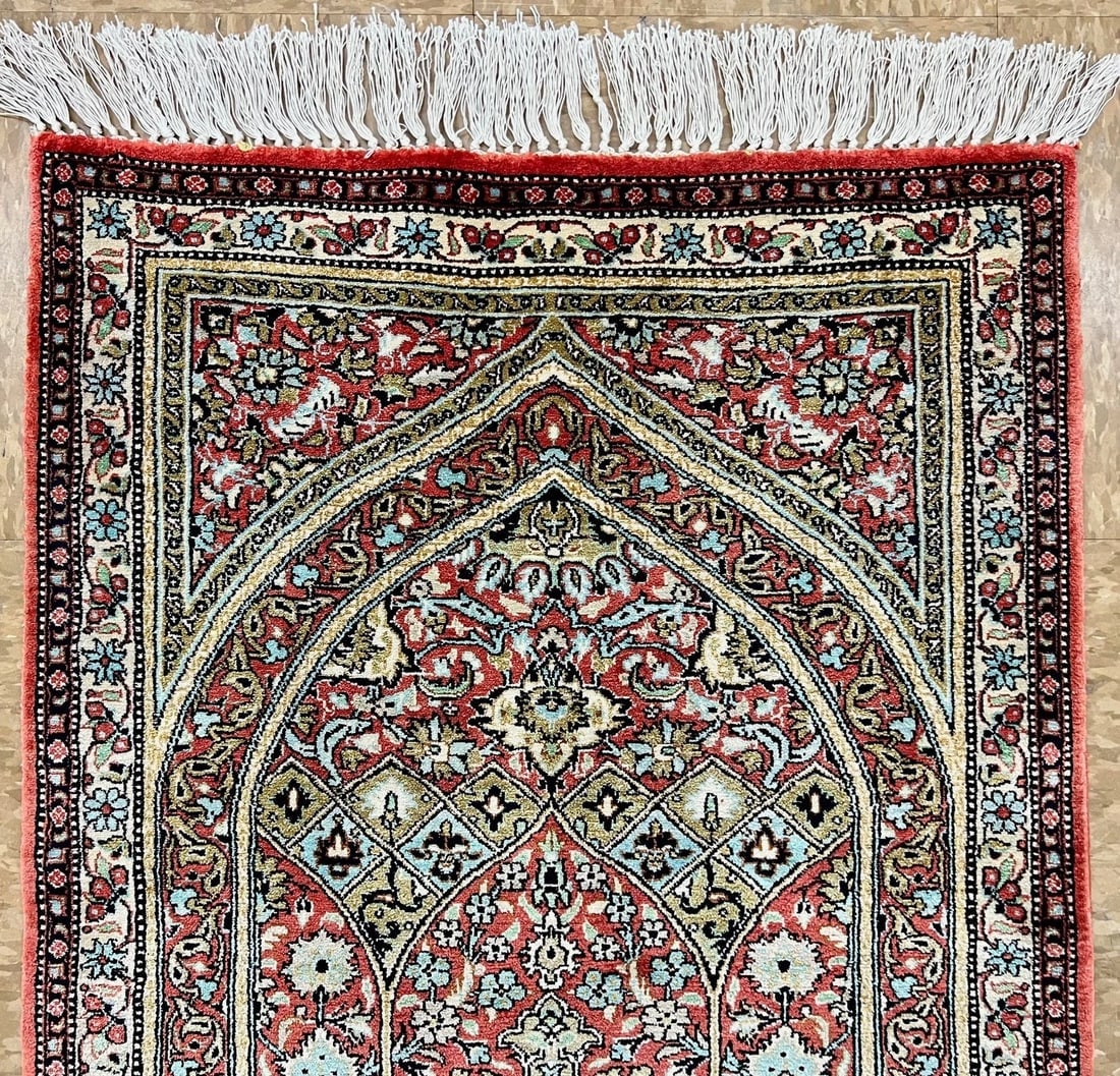 Hand-Knotted Persian Qum 100% Silk Semi-Antique Islamic Prayer Oriental Rug 2'2"x2'10" - 4
