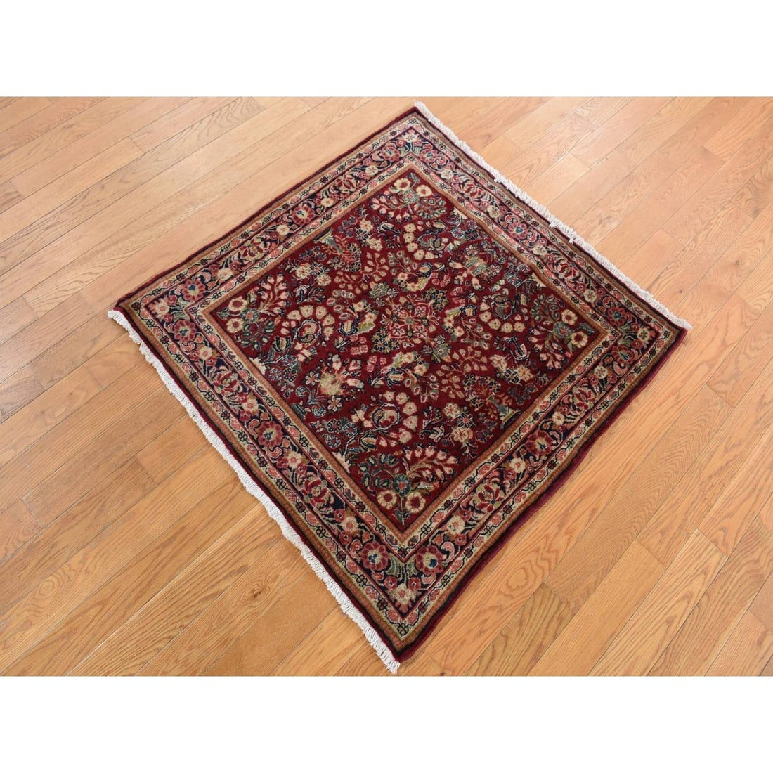 Wine Red Antique Persian Sarouk Full Pile Square Wool Hand Knotted Rug - 2