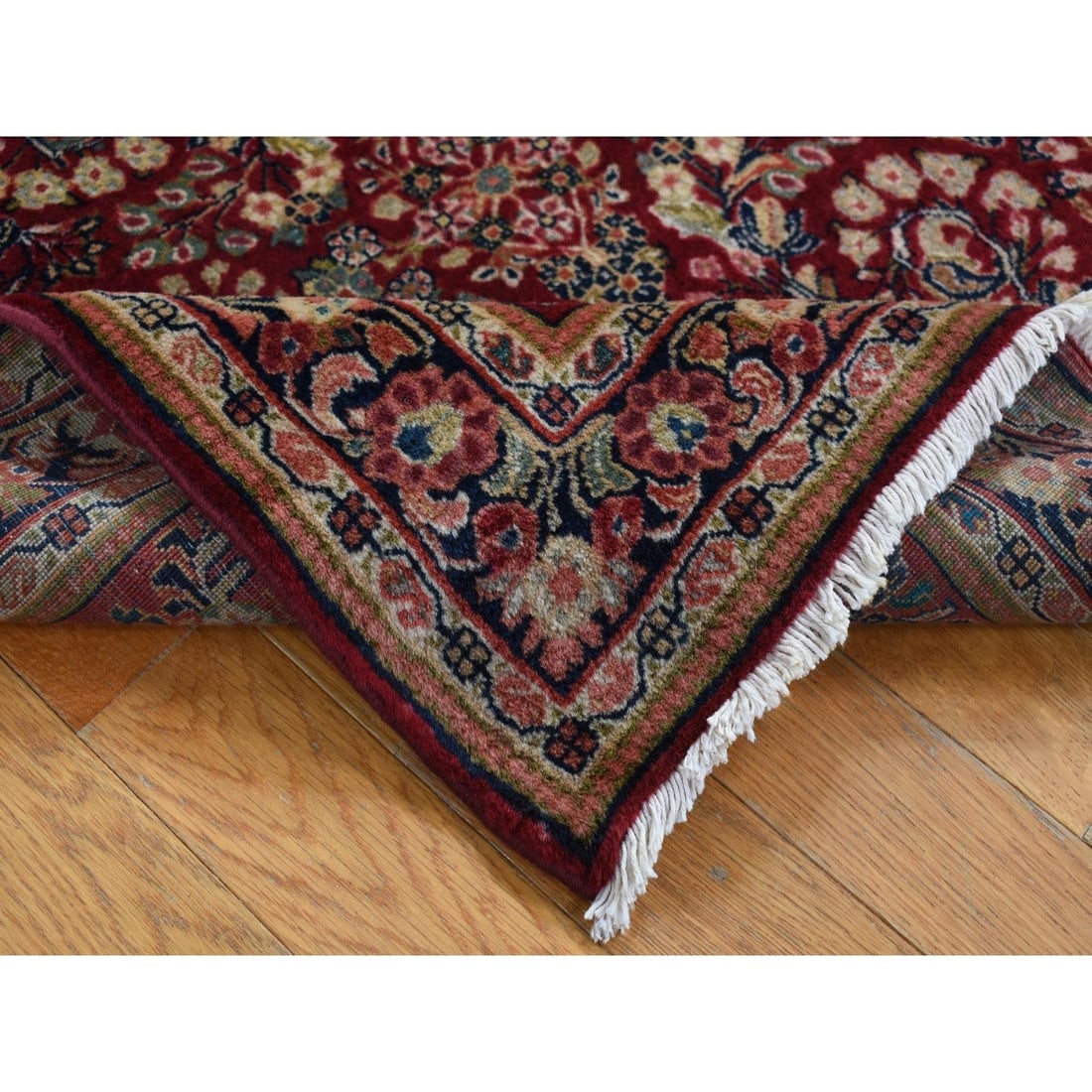 Wine Red Antique Persian Sarouk Full Pile Square Wool Hand Knotted Rug - 4