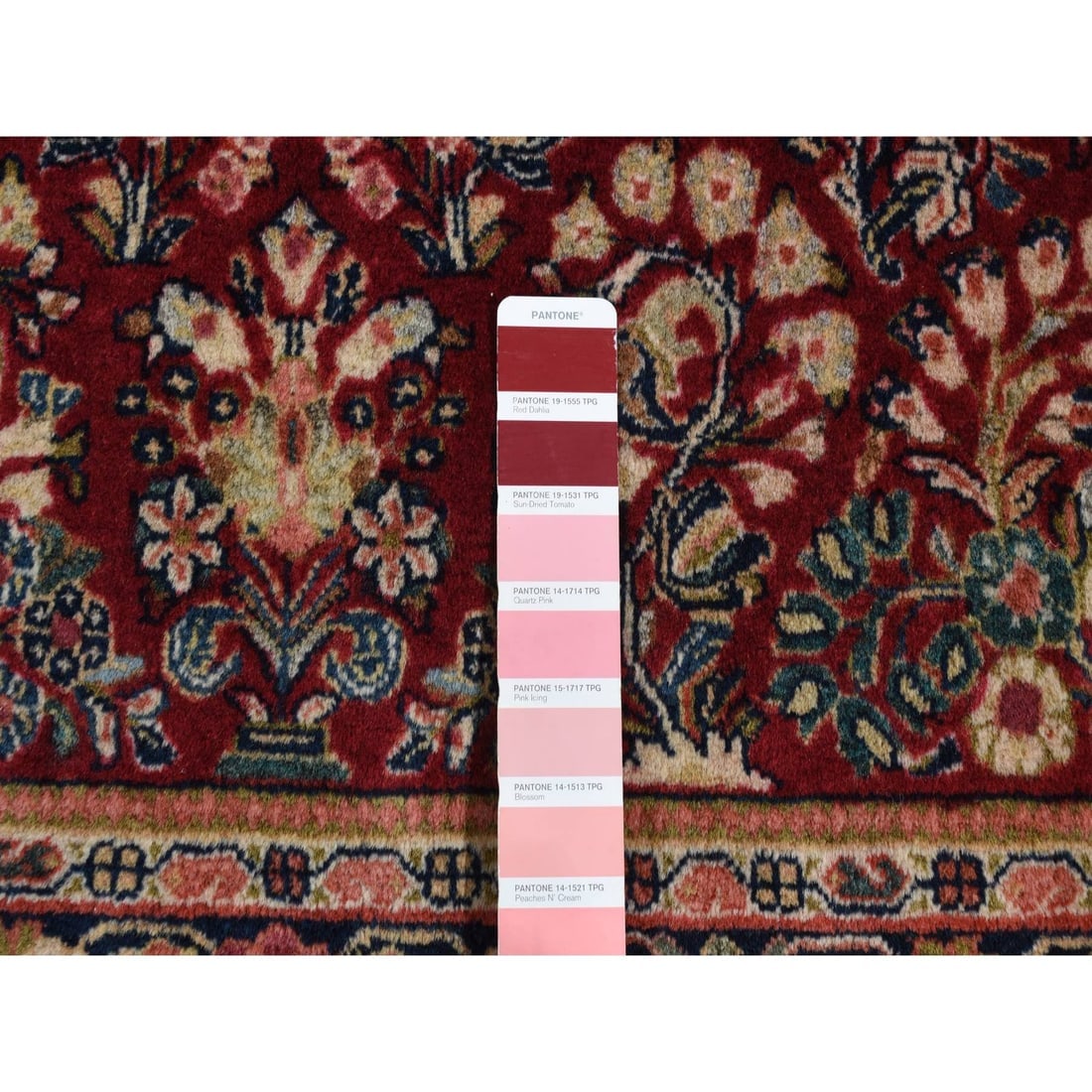 Wine Red Antique Persian Sarouk Full Pile Square Wool Hand Knotted Rug - 5