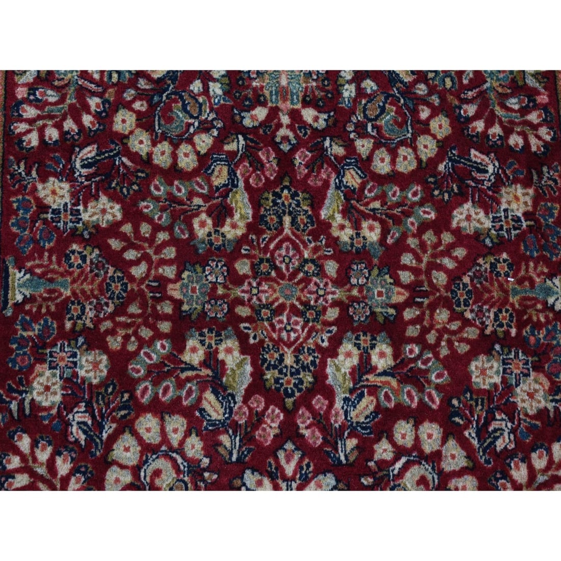 Wine Red Antique Persian Sarouk Full Pile Square Wool Hand Knotted Rug - 6