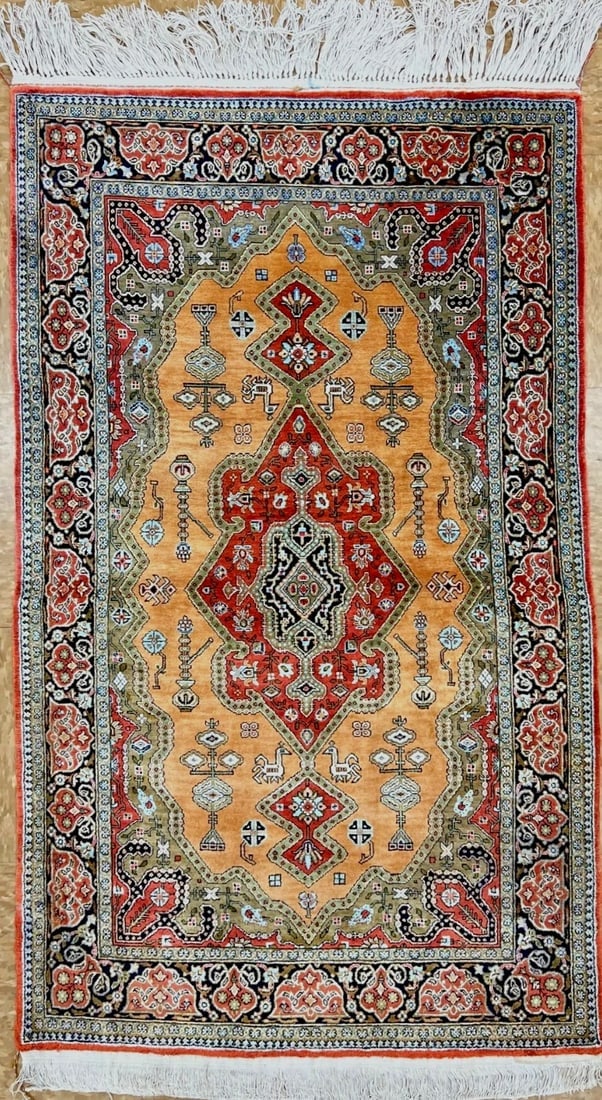 Hand-Knotted Persian Qum 100% Silk Semi-Antique Gold Oriental Rug 2'8" x 4'3": Title:Hand-Knotted Persian Qum 100% Silk Semi-Antique Gold Oriental Rug 2'8" x 4'3" Description:• Rug Number: 26 • Country of Origin: Iran • Style, Design: Persian Silk Qum, Geometric,