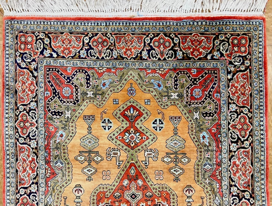 Hand-Knotted Persian Qum 100% Silk Semi-Antique Gold Oriental Rug 2'8" x 4'3" - 3
