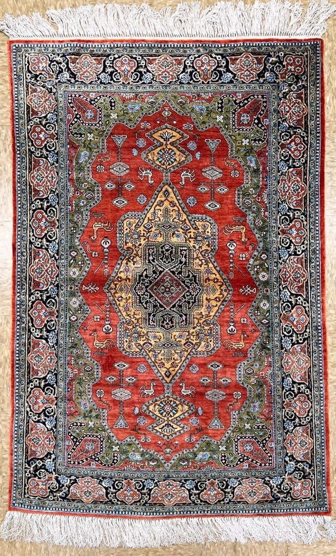 Hand-Knotted Persian Qum 100% Silk Birds Rust Geometric Semi-Antique Oriental Area Rug 3'4" x 5'1" - 5