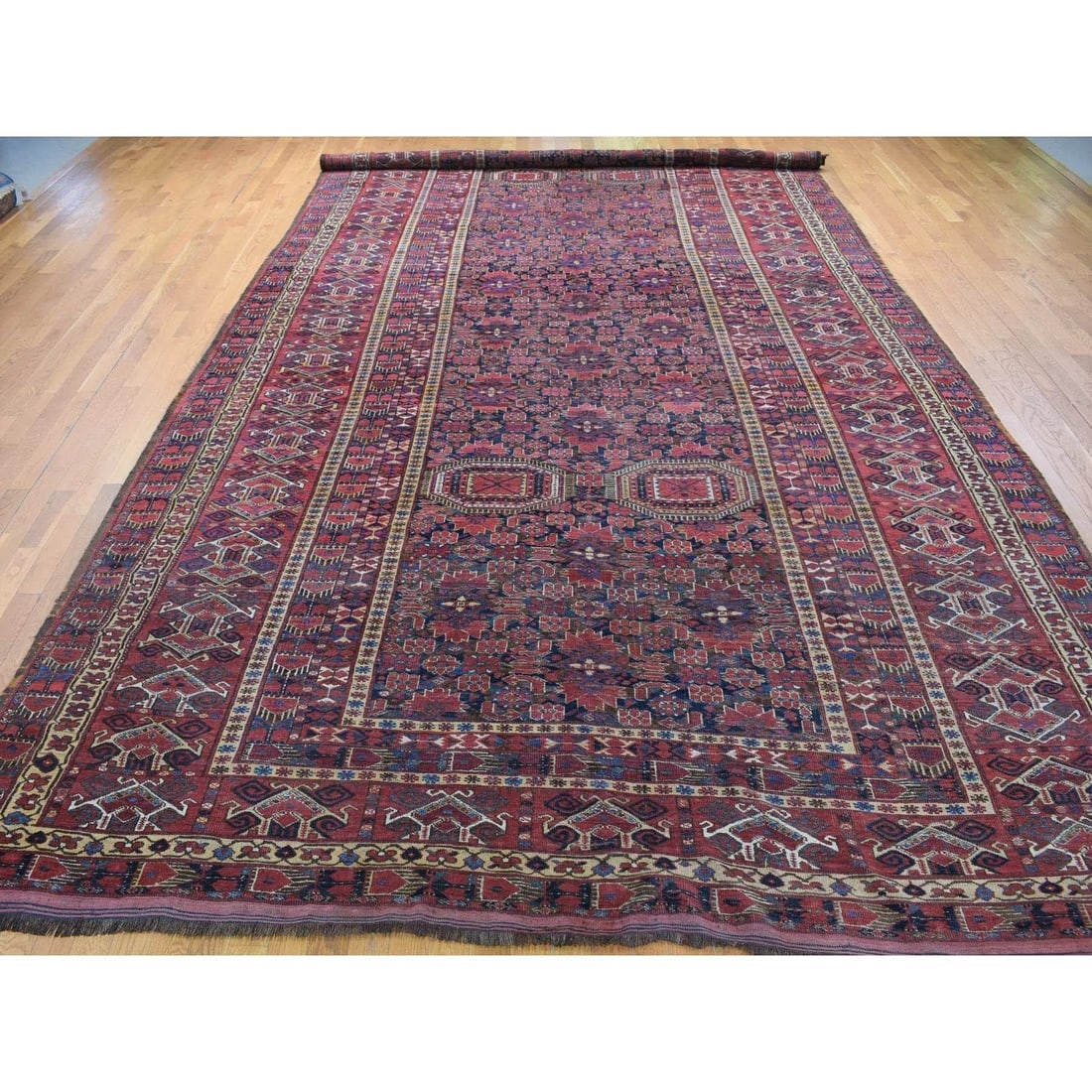 Midnight Blue Antique Afghan Beshir Geometric Hand Knotted Wool Rug - 2