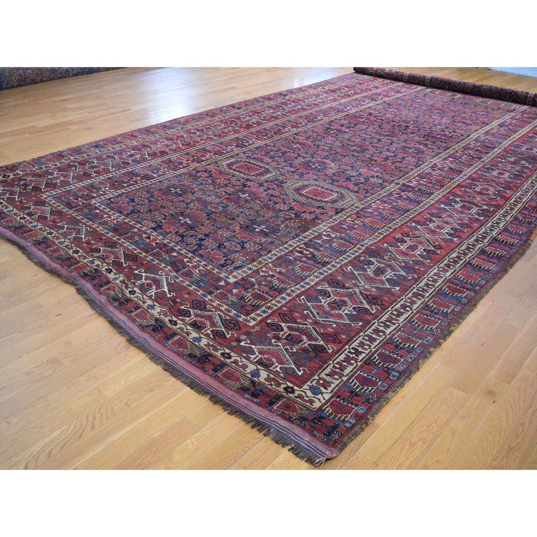 Midnight Blue Antique Afghan Beshir Geometric Hand Knotted Wool Rug - 3