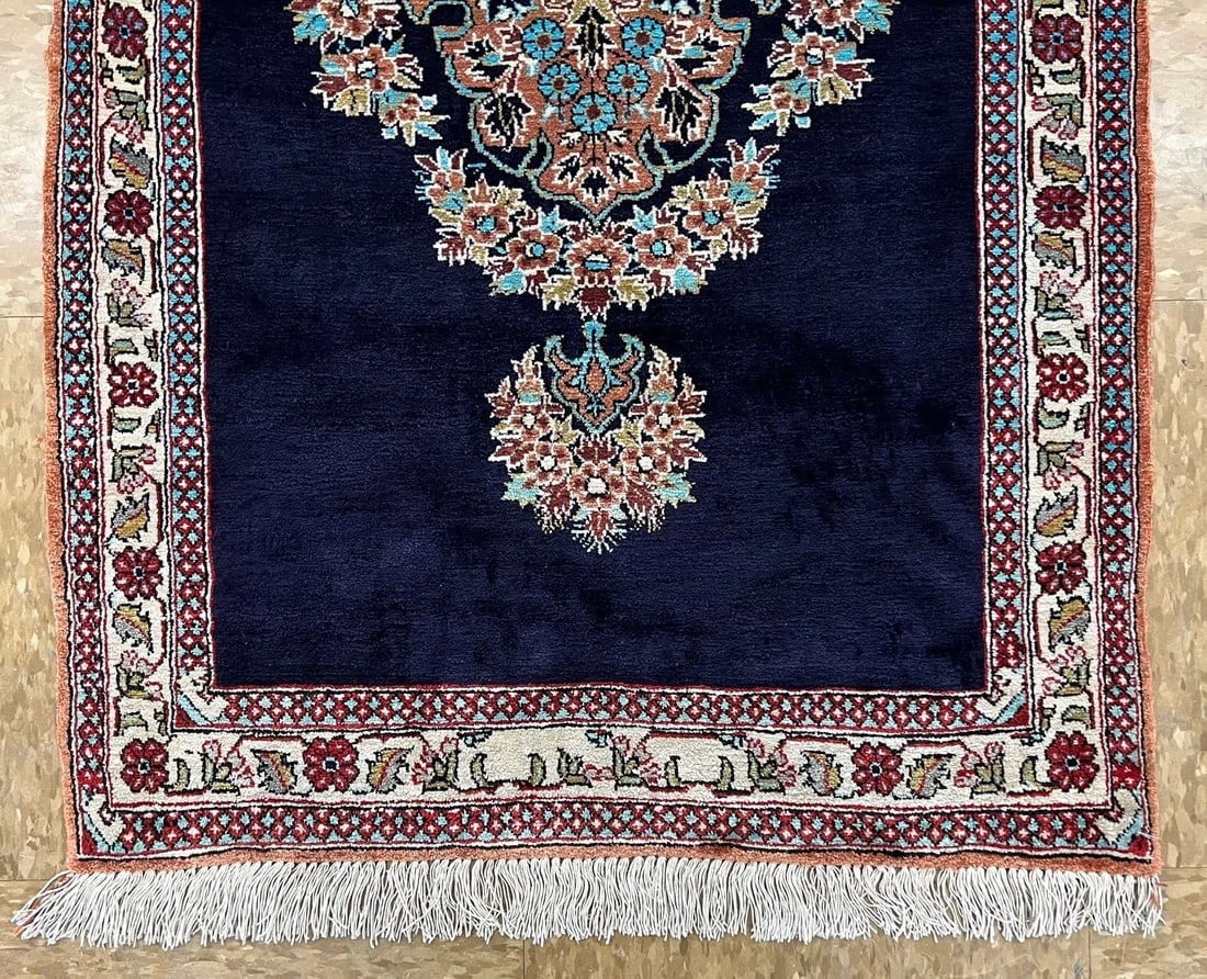 Hand-Knotted Persian Qum Semi-Antique 100% Silk Navy Ivory Rug 1'11" x 3'3" - 2