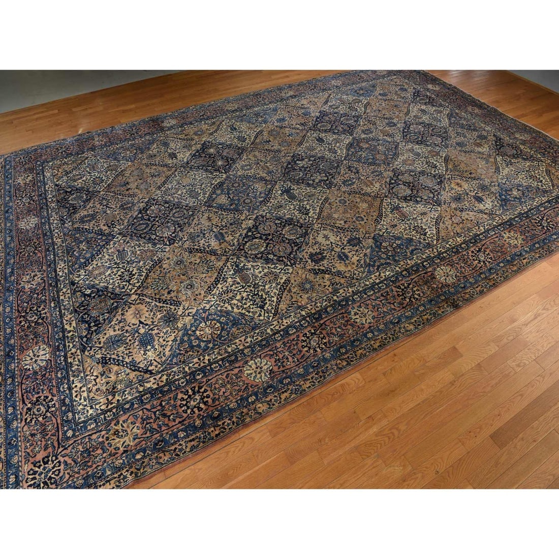 Ivory with Blue Antique Persian Kerman Soft Wool Hand Knotted Rug - 4