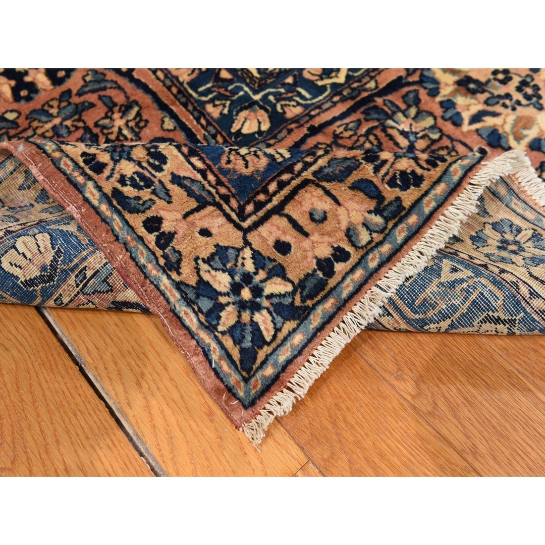Ivory with Blue Antique Persian Kerman Soft Wool Hand Knotted Rug - 5