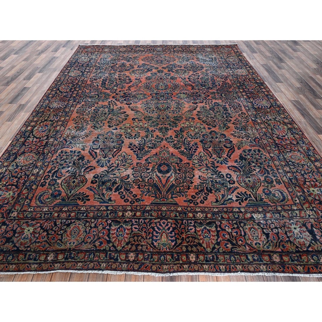 Salmon Red Antique Persian Sarouk Hand Knotted Pure Wool Oriental Rug - 2