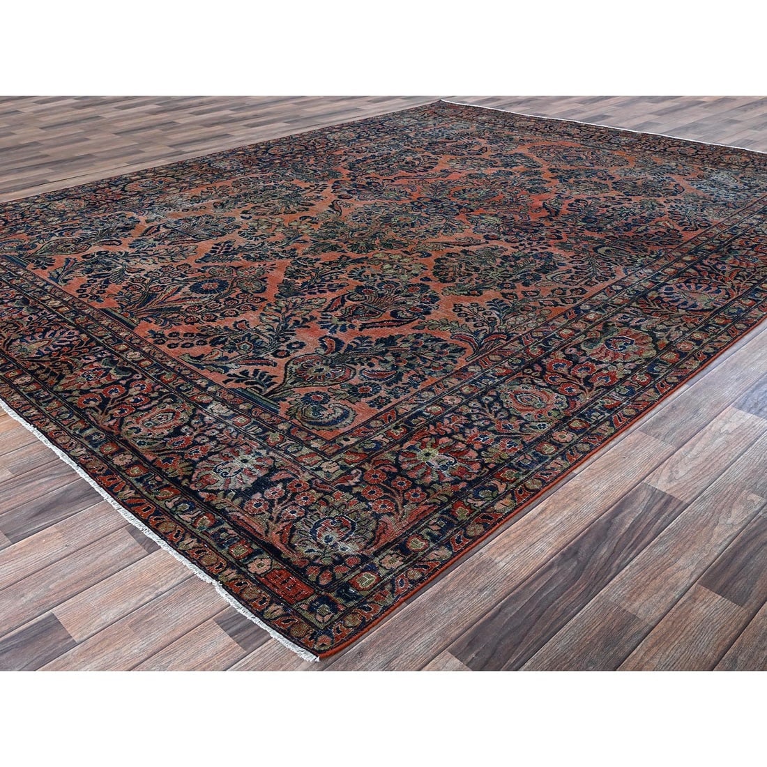 Salmon Red Antique Persian Sarouk Hand Knotted Pure Wool Oriental Rug - 3