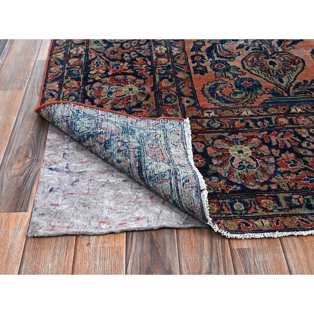 Salmon Red Antique Persian Sarouk Hand Knotted Pure Wool Oriental Rug - 4