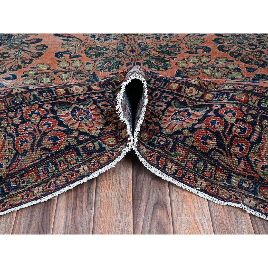 Salmon Red Antique Persian Sarouk Hand Knotted Pure Wool Oriental Rug - 5