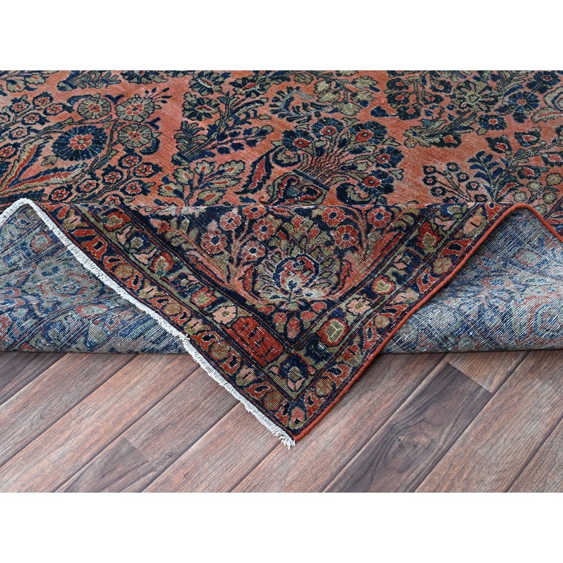 Salmon Red Antique Persian Sarouk Hand Knotted Pure Wool Oriental Rug - 6