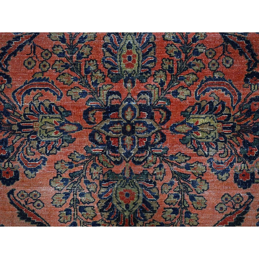 Salmon Red Antique Persian Sarouk Hand Knotted Pure Wool Oriental Rug - 8