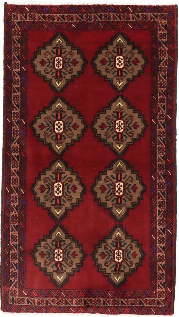 Vintage Red Tribal 3'6X6'3 Balouch Persian Rug: Title: Vintage Red Tribal 3'6X6'3 Balouch Persian Rug Description:Handmade vintage 3'6X6'3 red Persian rug made with vegetable dyes (fine wool pile and cotton foundation), superior knot count, and
