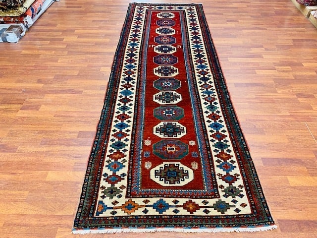 Antique Azabijan Caucasian Runner-3927: Title:Antique Azabijan Caucasian Runner-3927 Description:Beautiful antique Azarbijan Caucasian runner from southwest Caucasus, size 3 ft. 3 inches by 9 ft. 6 inches, circa 1940, with hooked design on 