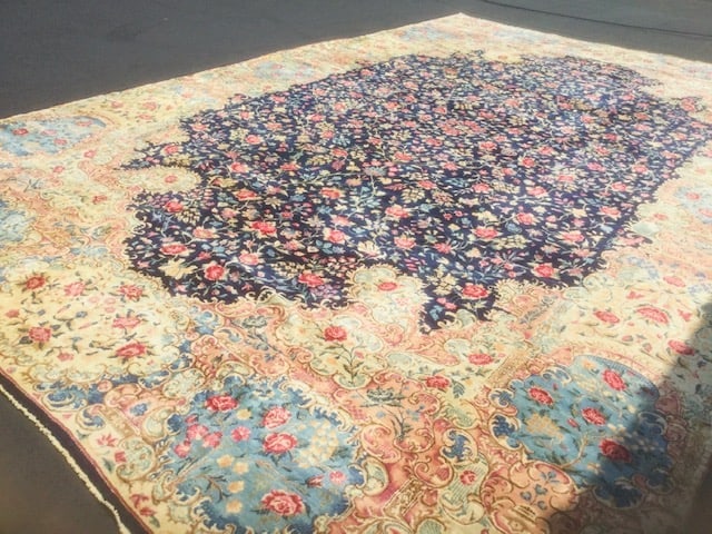 Antique Large size Ravar Kerman rug-2169: Title:Antique Large size Ravar Kerman rug-2169 Description:Beautiful all over persian kerman Lavar rug from southwest persia, all over floral desig on blue field, size 11 ft. 8 inches by 19 ft. 1 inch