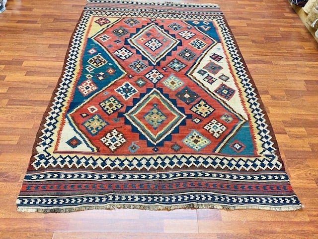 Colorful antique Persian quashqaie Kilim rug-2251: Title:Colorful antique Persian quashqaie Kilim rug-2251 Description:Beautiful antique Persian Quashqaie Kilim rug from southwest Persia, size 5 ft. 2 inches by 8 ft, circa 1900, excellent condition wi