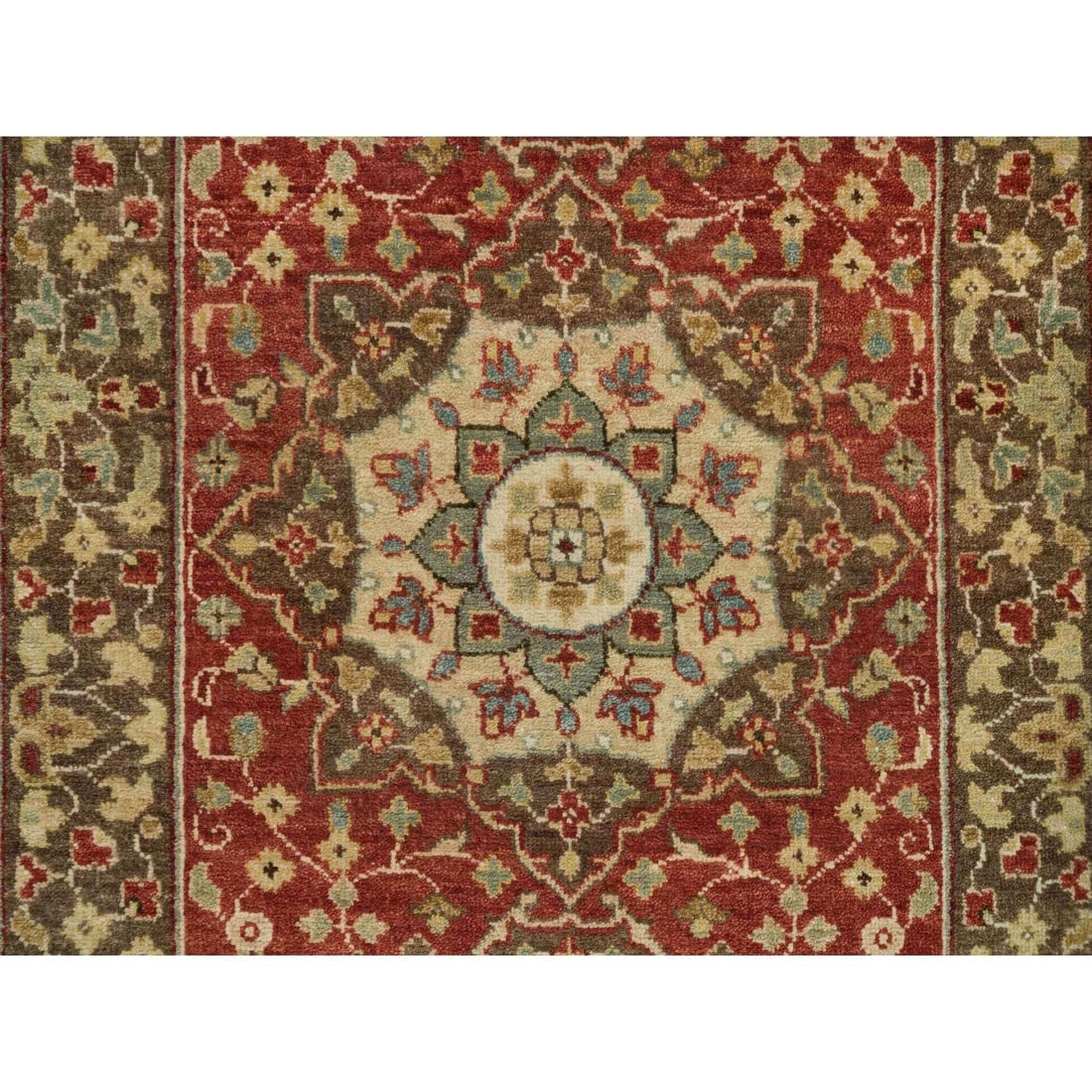 Upsdell Red Hand Knotted Wool Antiqued Haji Design Runner Rug - 4