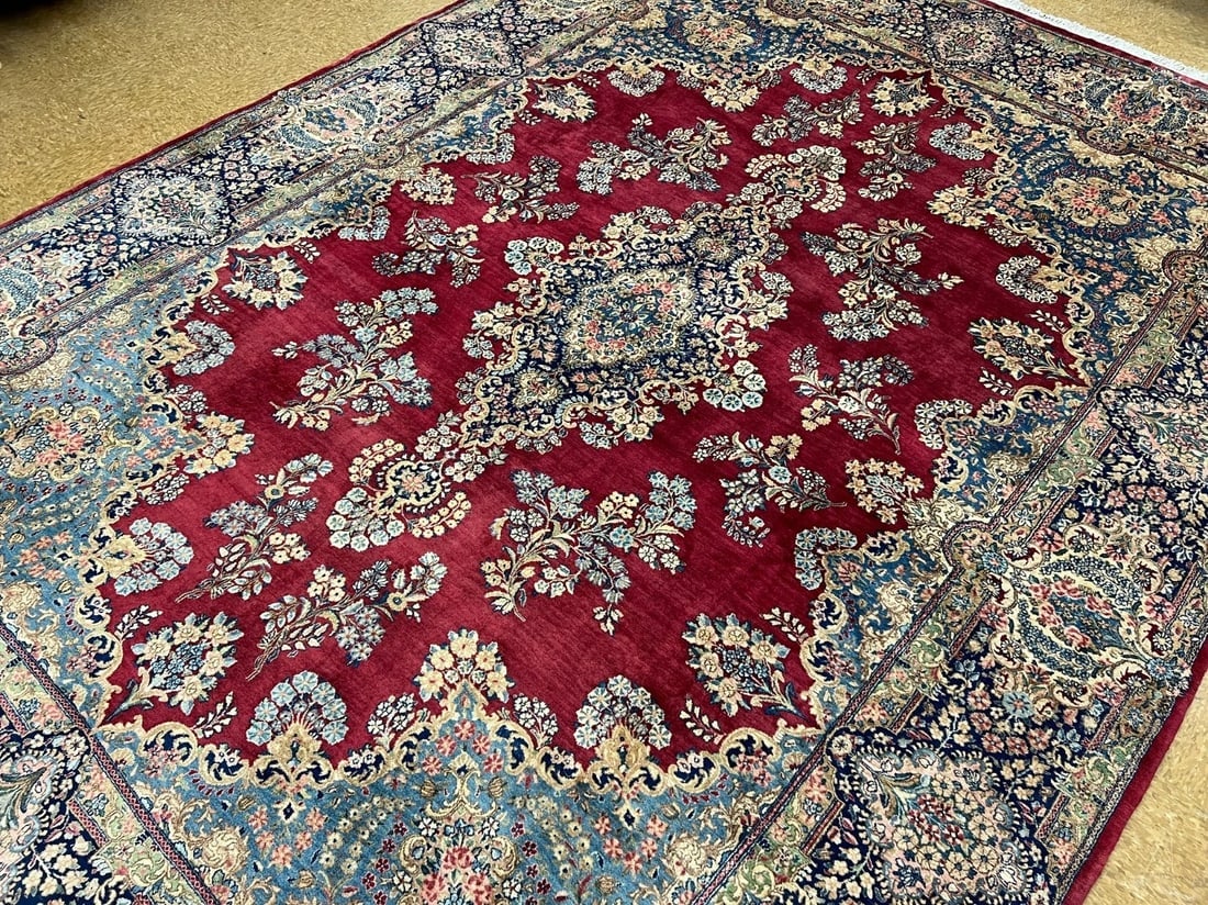 Hand-Knotted Persian Kerman Semi-Antique Red Wool Oriental Rug Carpet 9'10" x 13'6" - 7