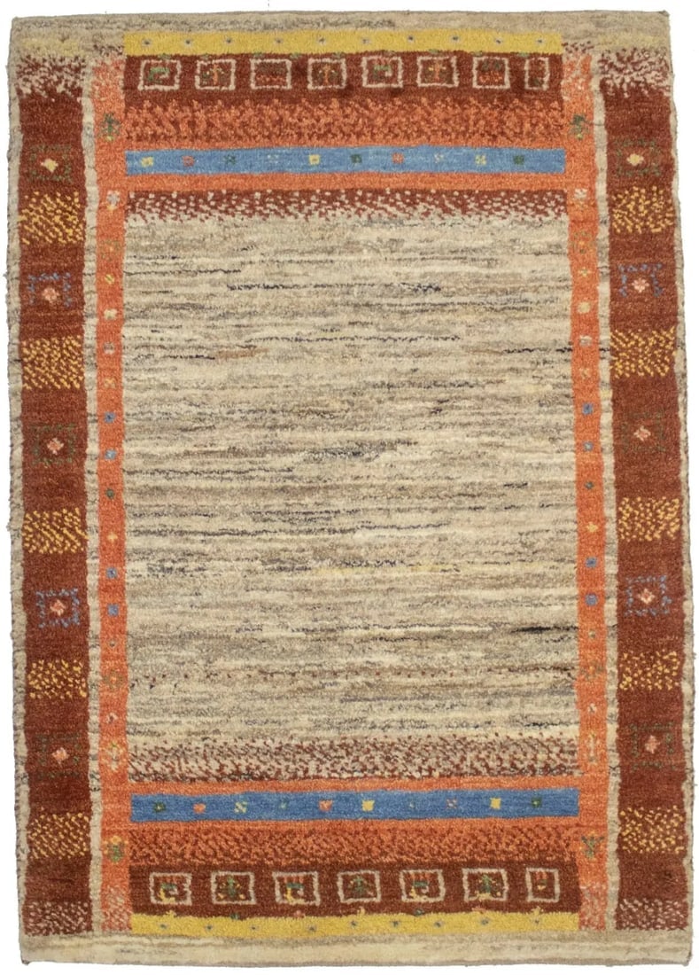 Vintage Tribal Bordered 3X4 Gabbeh Persian Rug: Title: Vintage Tribal Bordered 3X4 Gabbeh Persian Rug Description:Handmade vintage 3X4 beige Persian rug made with natural dyes (fine wool pile and cotton foundation), superior knot count, and allurin