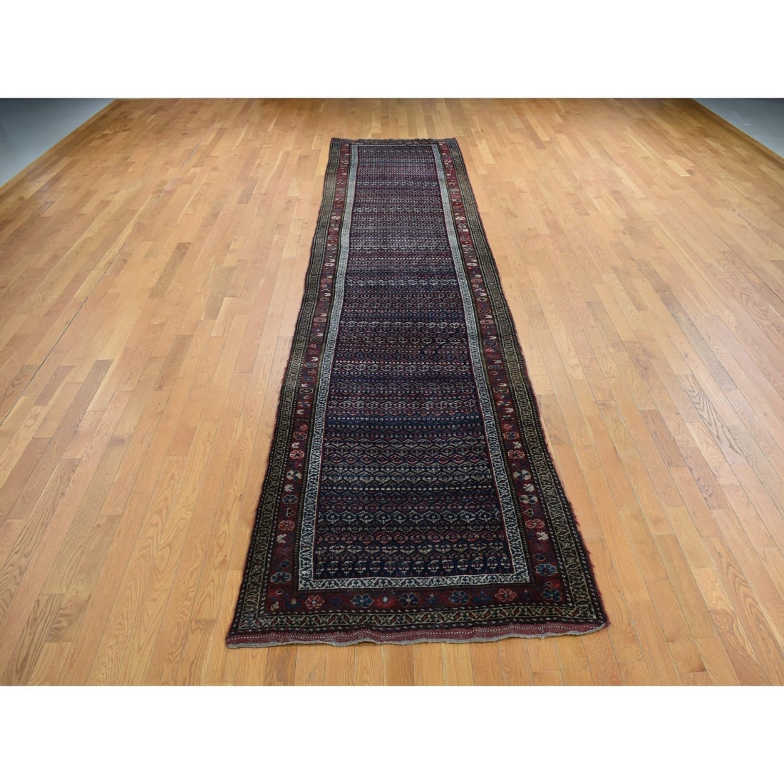 Blue, Antique Kurdish Bijar, Pure Wool Hand Knotted Wide Runner Rug - 2