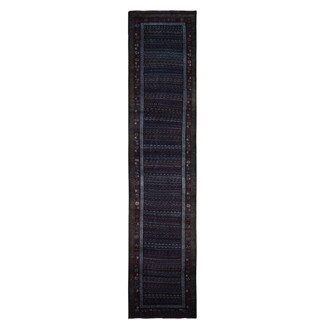 Blue, Antique Kurdish Bijar, Pure Wool Hand Knotted Wide Runner Rug - 3