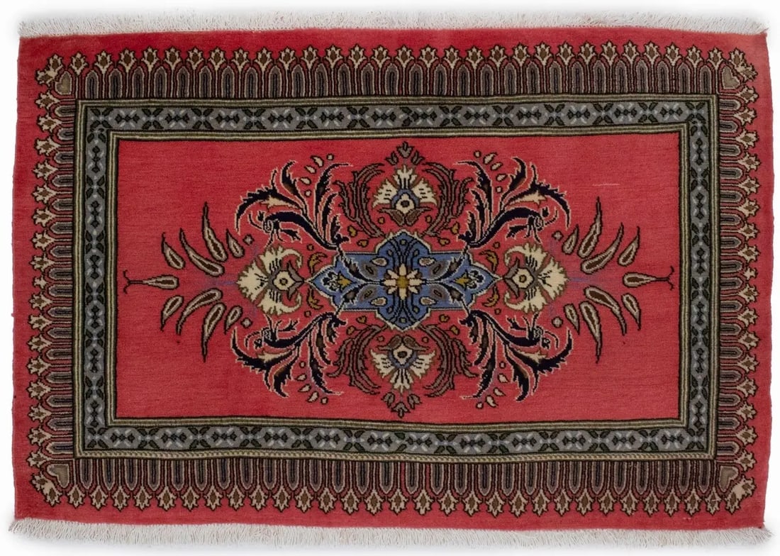 Vintage Coral Red Floral 2X3 Kashan Persian Rug: Title: Vintage Coral Red Floral 2X3 Kashan Persian Rug Description:Hand Knotted vintage 2X3 coral red traditional Persian rug made with vegetable dyes (fine wool pile and cotton foundation), superior 