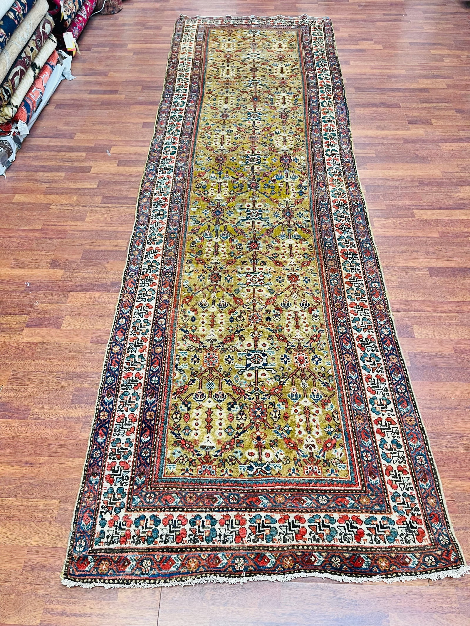 Antique Persian Camel hair Runner-4346: Title:Antique Persian Camel hair Runner-4346 Description:Beautiful all over design camel Hair runner, from northwest persia, size 3 ft. 7 inches by 13 ft, circa 1910, excellent conditionwith very slig