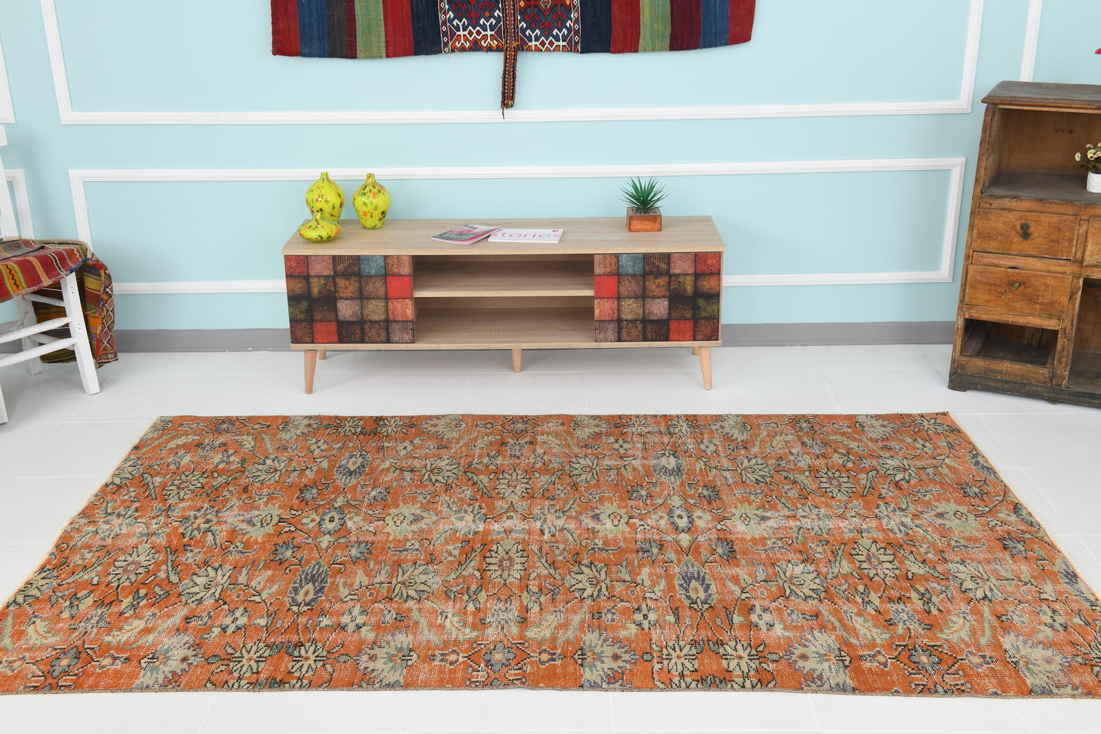 4'11'' x 8'2'' Handmade Vintage Wool Rug - 1435 - 2