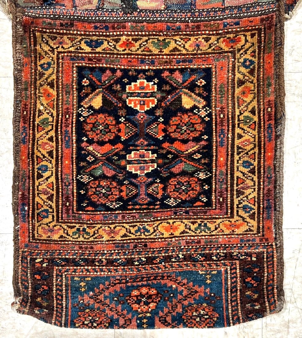 Hand-Knotted Antique Persian Farahan Tribal Double Saddle Bag Wool Rug 1'9" x 4'3" - 3