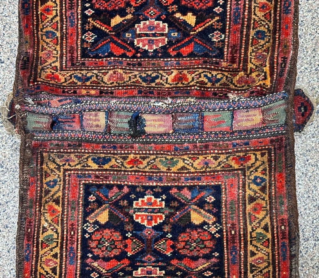 Hand-Knotted Antique Persian Farahan Tribal Double Saddle Bag Wool Rug 1'9" x 4'3" - 4